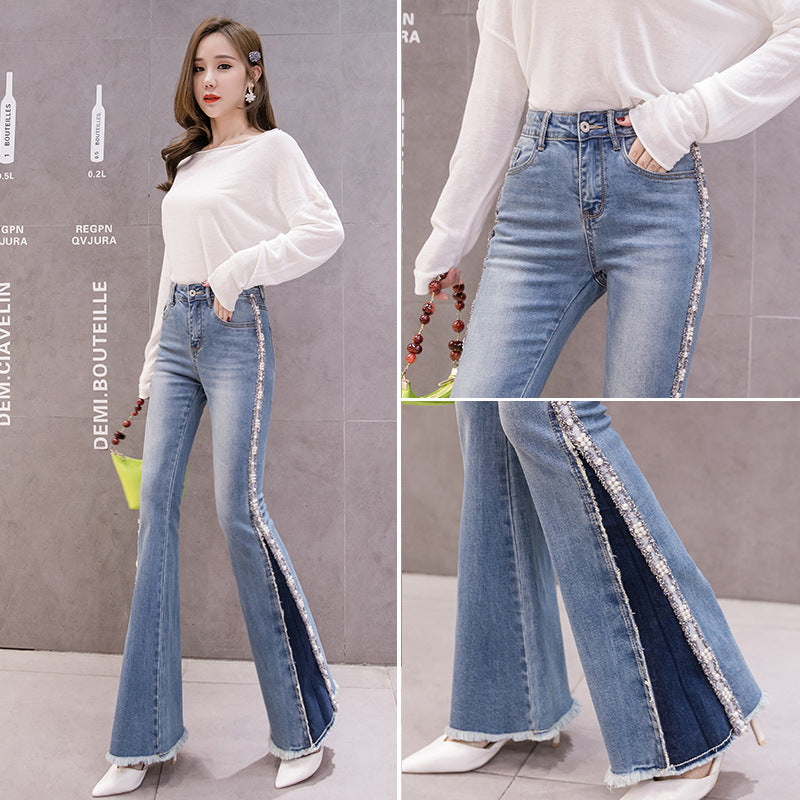 Embroidery Beaded Fashion Flared Pants High Waist Slimming Jeans Women