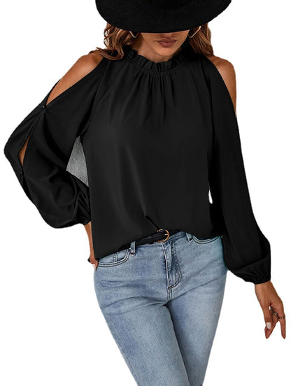 Ruffle Round Neck Long Sleeve Pleated Off-shoulder Top