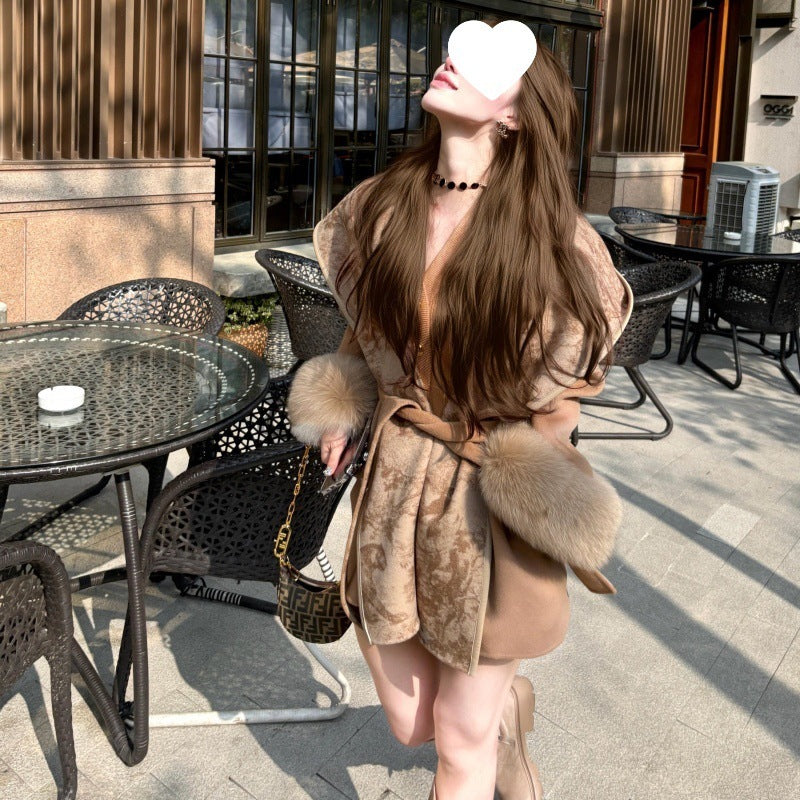 Simple Pocket Drawstring Patchwork Coat For Women