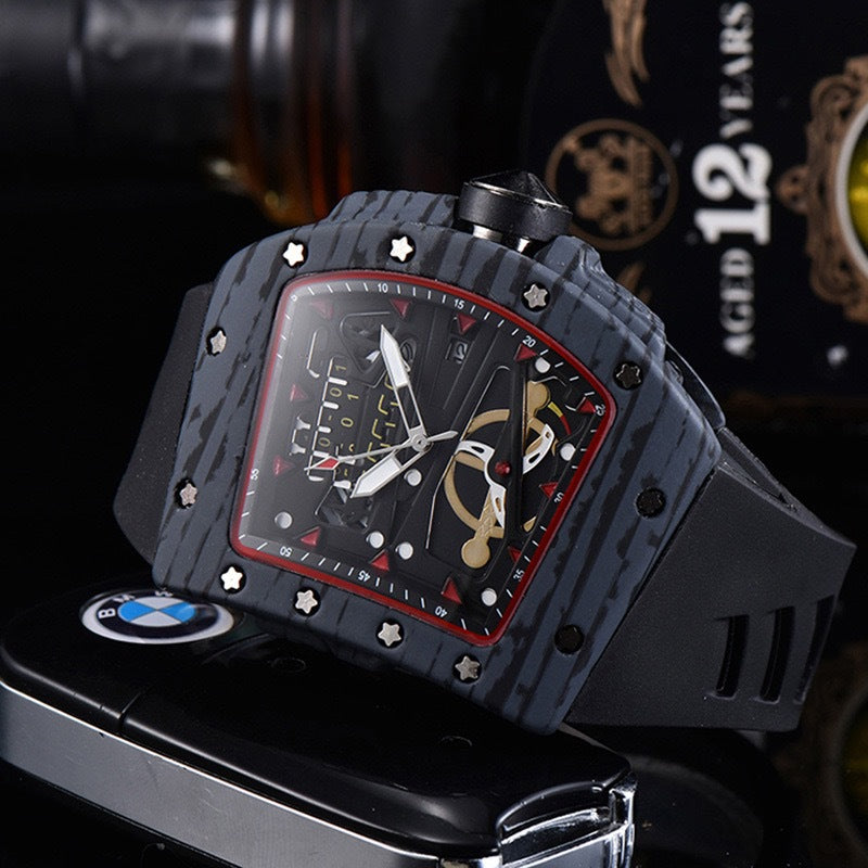 Knife Hollow Carbon Brazed Silicone Band Reloj de cuarzo para hombre