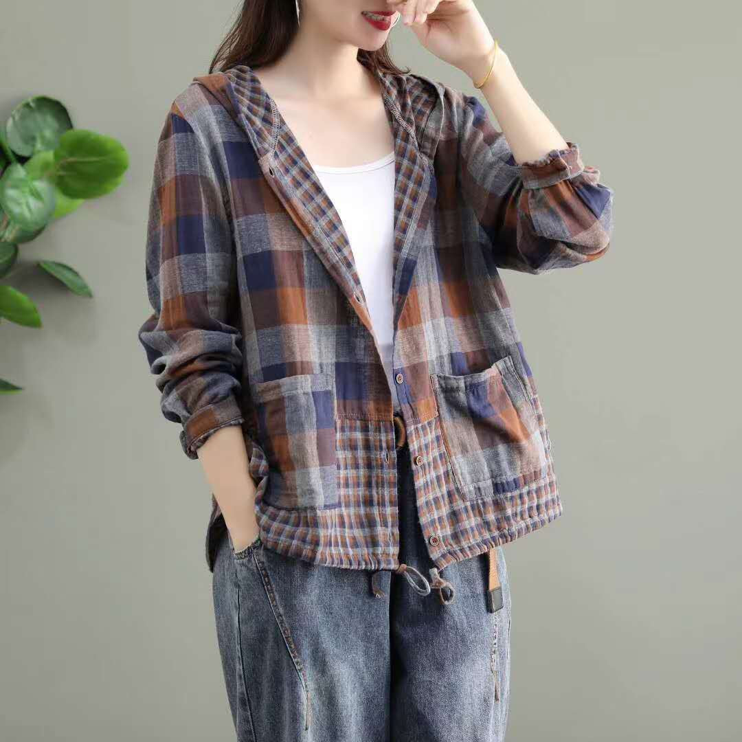 Literary Original Cotton Hooded Plaid Jacket