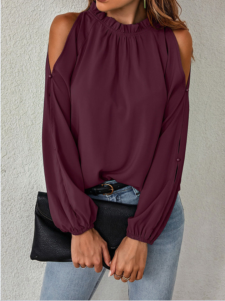 Ruffle Round Neck Long Sleeve Pleated Off-shoulder Top