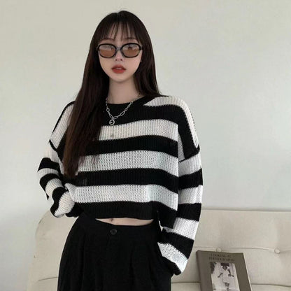 Short Top Women's Outer Wear Pullover Stripe Sweater