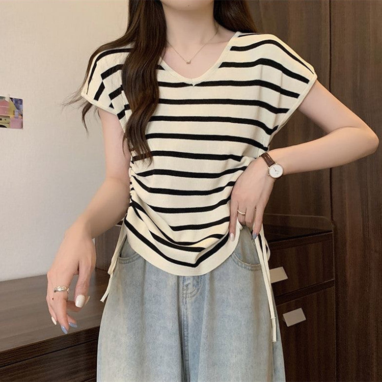 Summer Thin Striped Slim-fit All-matching Short Top For Women