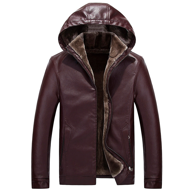 Winter New Style Plush Wool Men's Hooded Thick Plus Velvet PU Leather Leather Jacket