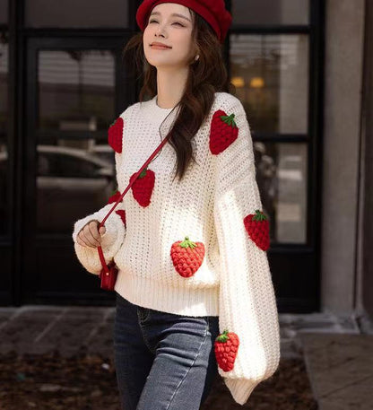 Sweaters Women's Clothing Loose Strawberry Crochet Knit