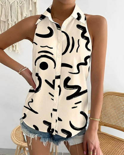 Summer Casual Fashion Shoulder-baring Sleeveless Abstract Printing Women's Shirt