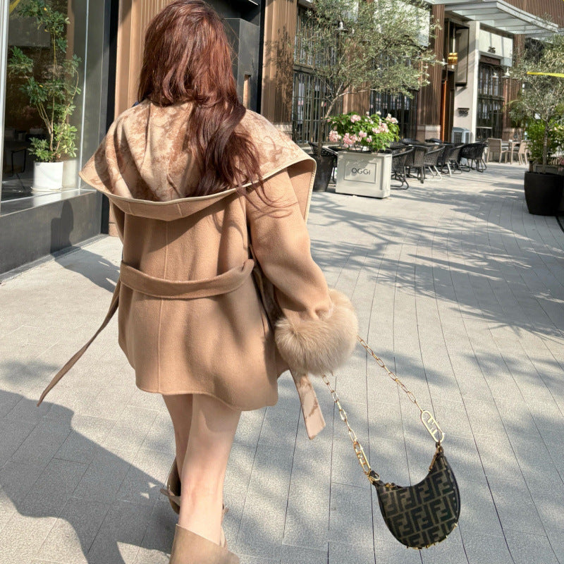 Simple Pocket Drawstring Patchwork Coat For Women