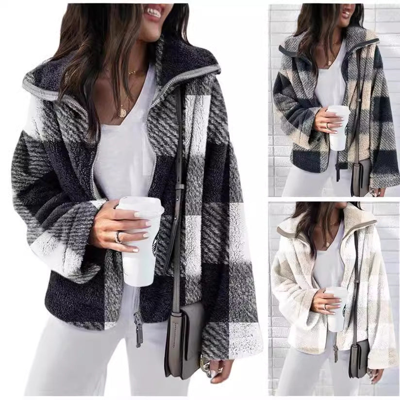Plush Plaid Coat Plus Size Women's Clothing