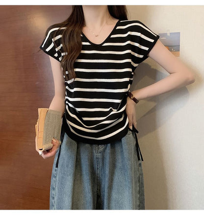 Summer Thin Striped Slim-fit All-matching Short Top For Women