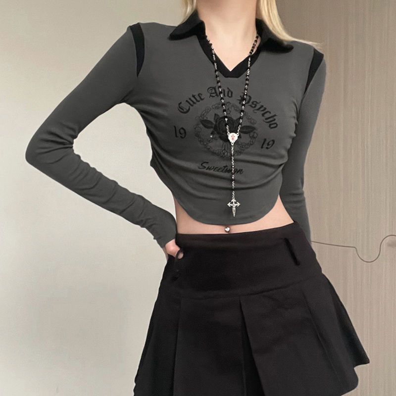 Long Sleeved T-shirt Women's Patchwork Lapel Short Top