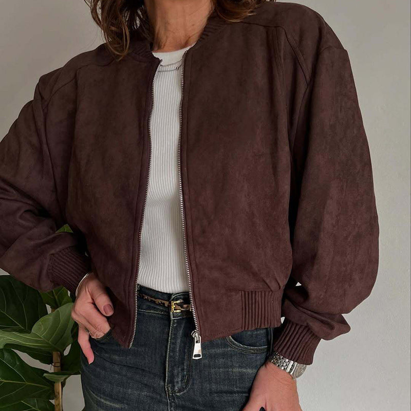 Suede Solid Color Zip Jacket Women's Coat