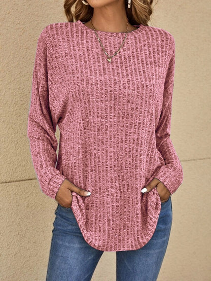 Round Neck Sunken Stripe Long Sleeve Loose T Shirt