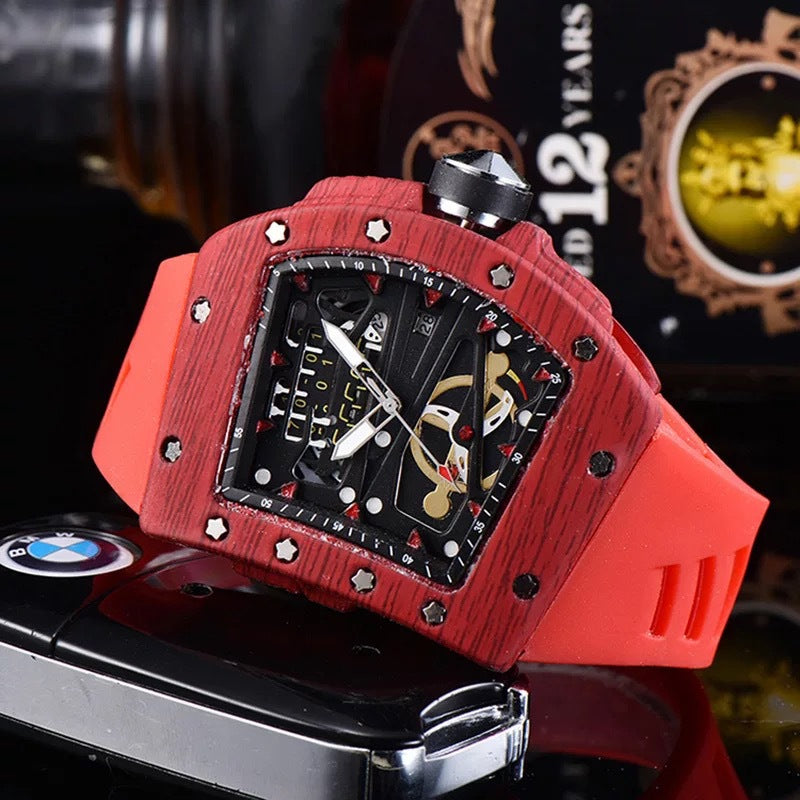 Knife Hollow Carbon Brazed Silicone Band Reloj de cuarzo para hombre