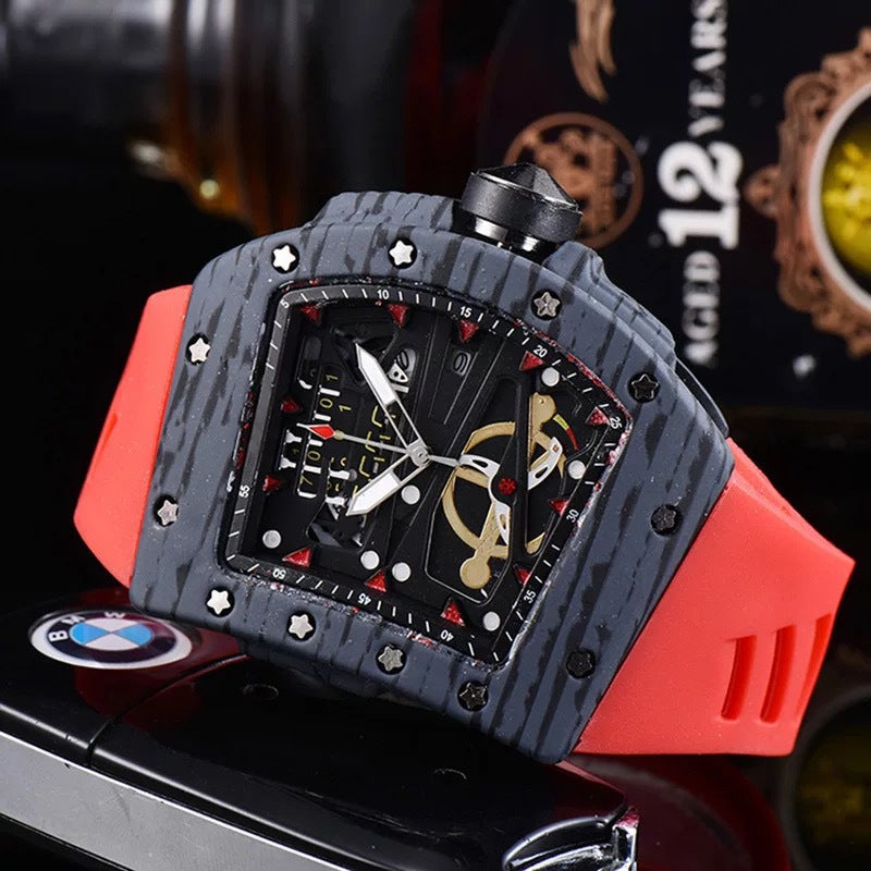 Knife Hollow Carbon Brazed Silicone Band Reloj de cuarzo para hombre