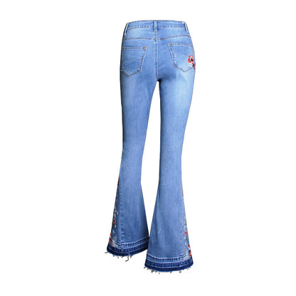 Denim Flared Pants Women Embroidered Embroidery