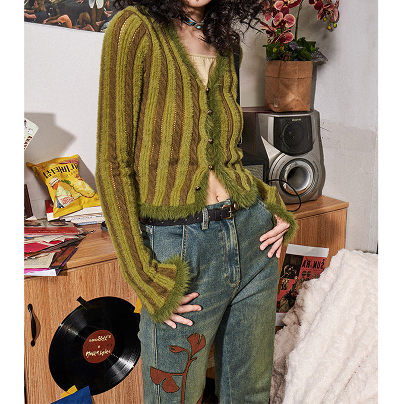 Prendas de punto retro con cuello en V para mujer Cárdigan Top corto