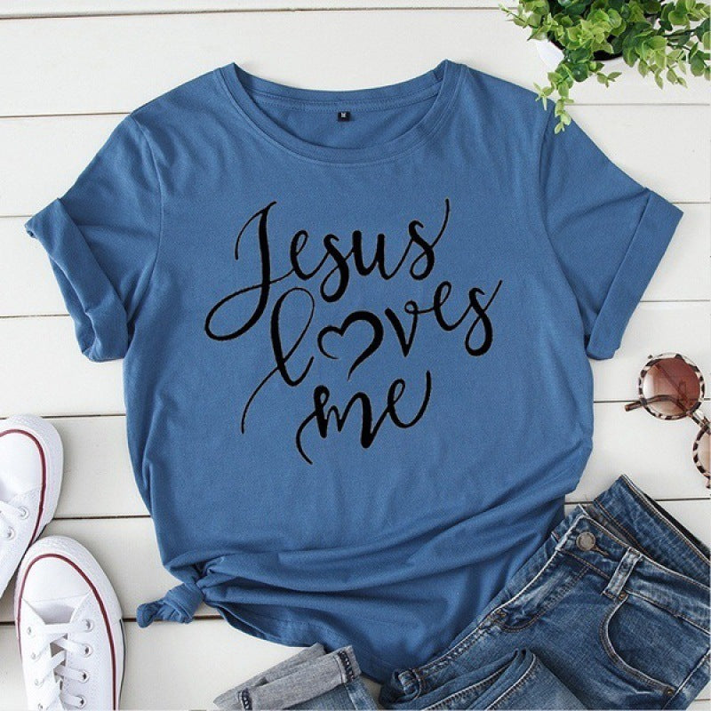 LOVES ME Letter Print T Shirt Women Short Sleeve O Neck Loo