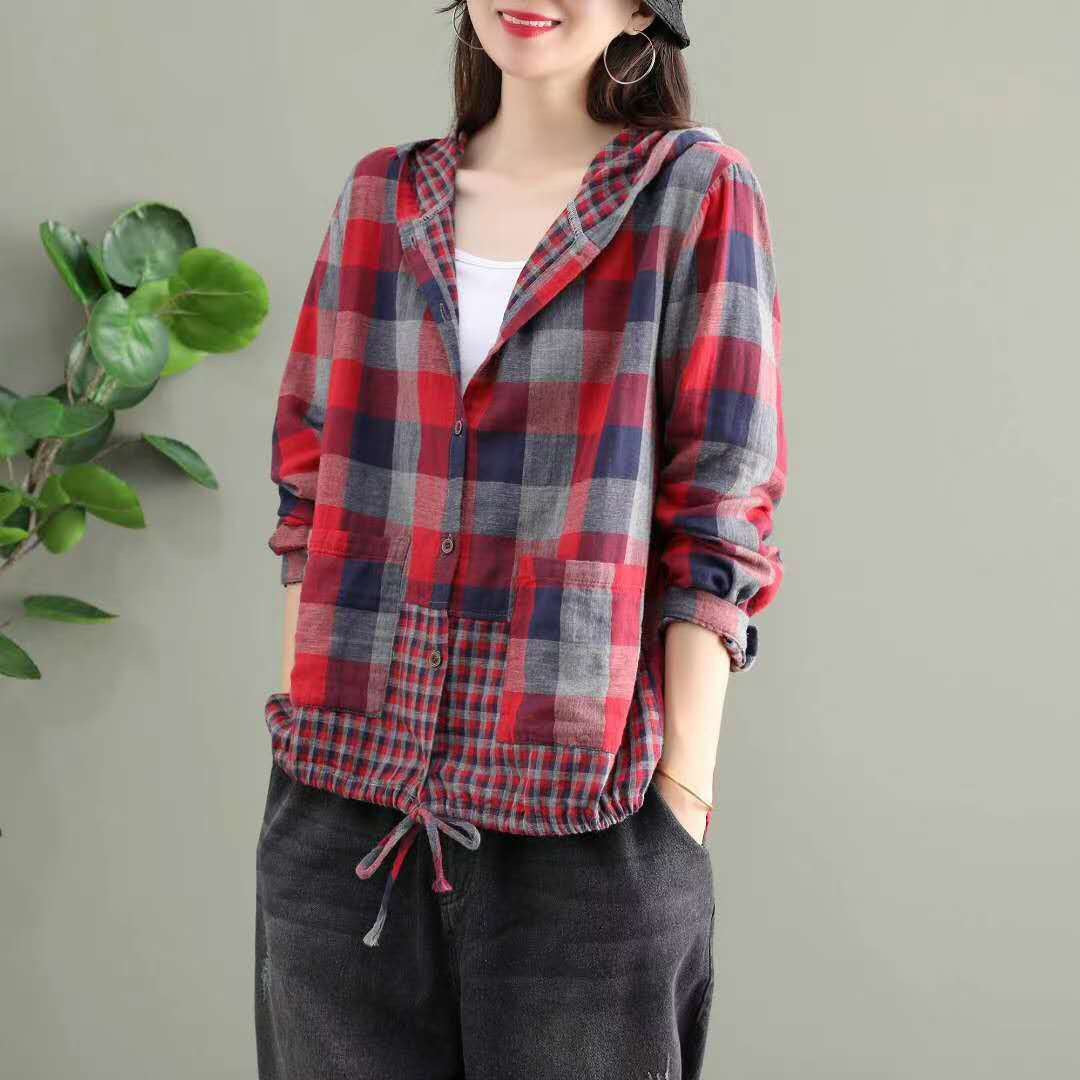 Literary Original Cotton Hooded Plaid Jacket