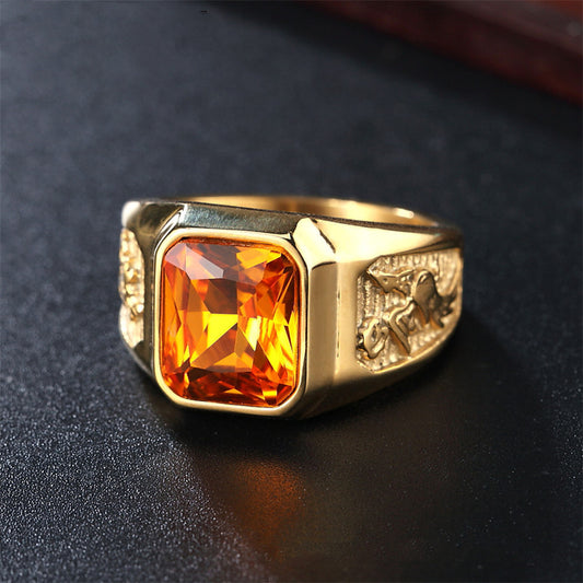 Jewelry Golden Dragon And Phoenix Gemstone Titanium Steel Ring