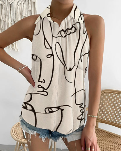 Summer Casual Fashion Shoulder-baring Sleeveless Abstract Printing Women's Shirt