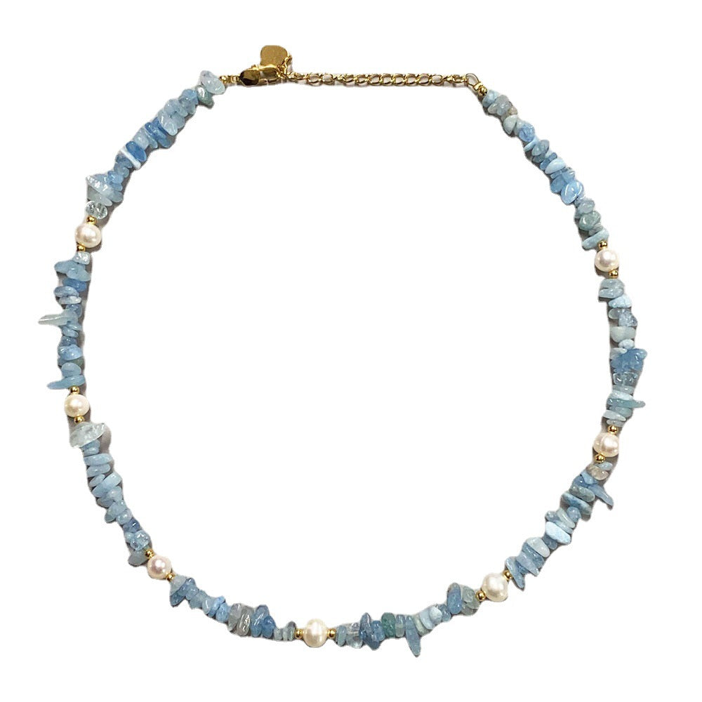 Collier de couture de gravier en pierre naturelle d'eau douce aigue-marine