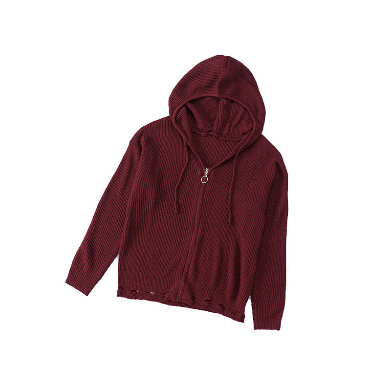 Cárdigan con cremallera Color sólido Prendas de punto simples Cuello en V Con capucha Manga larga