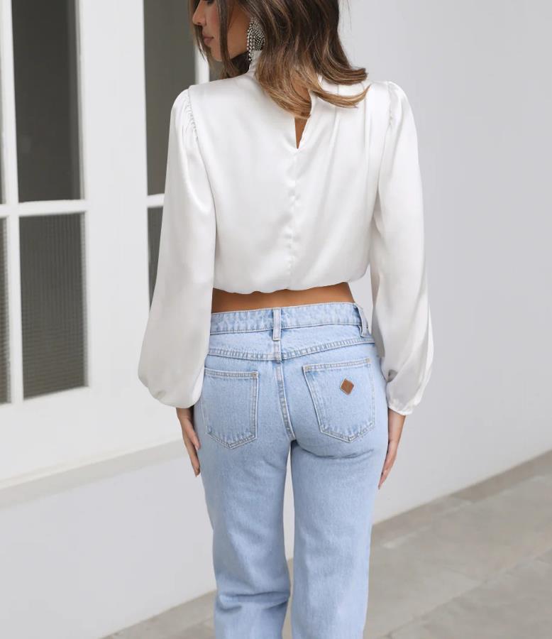 Women's Puff Long Sleeve Mock Turtleneck Crop Tops Blouses