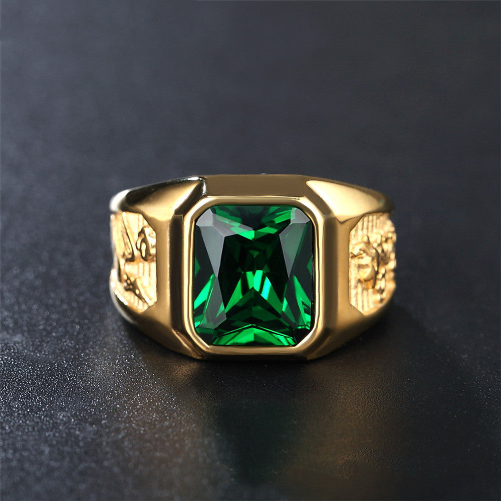 Anillo de acero de titanio con piedras preciosas de dragón dorado y fénix