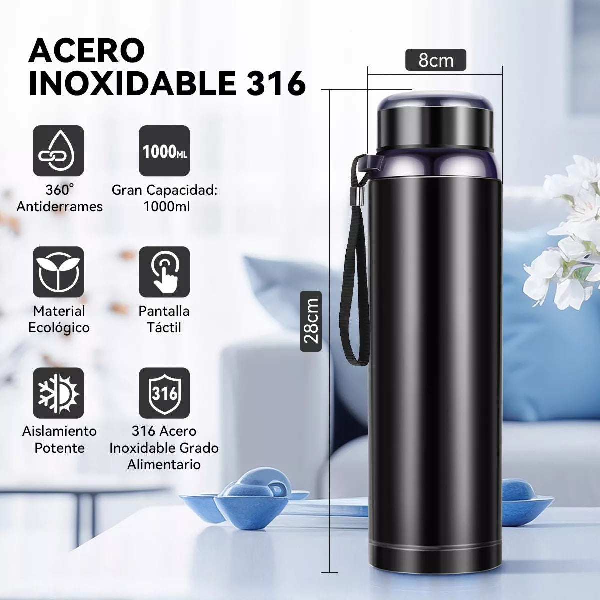 Termo 1000ml De Acero Inoxidable 316 Vaso Pantalla Digital