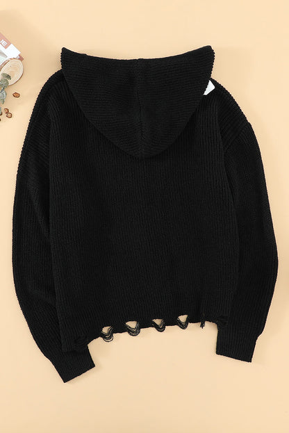 Zipper Cardigan Solid Color Simple Knitwear V-neck Hooded Long Sleeve