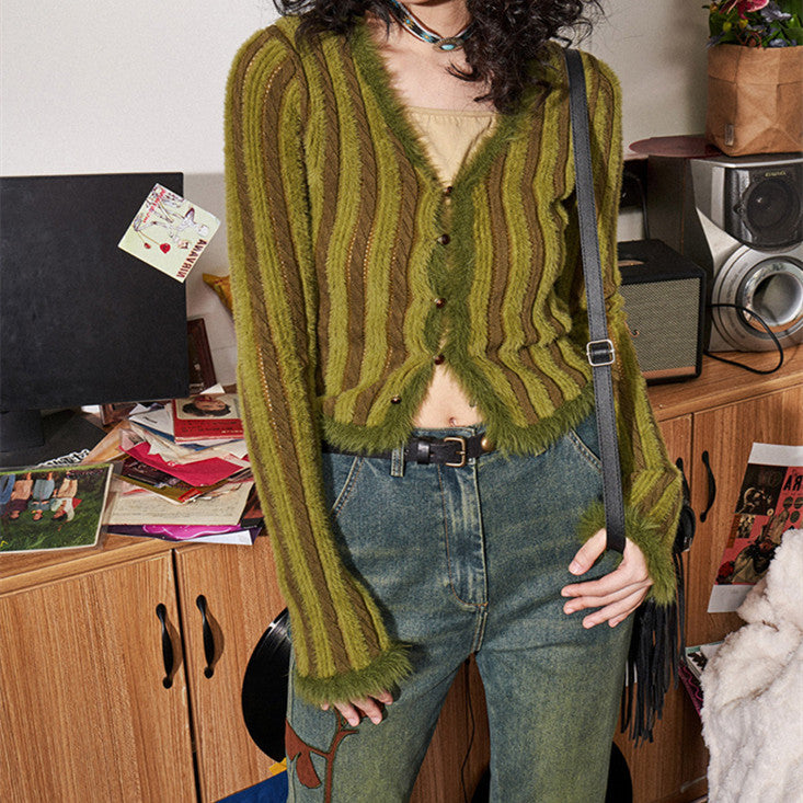 Prendas de punto retro con cuello en V para mujer Cárdigan Top corto