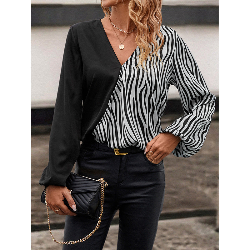 European And American Women's Clothing V-neck Slim Fit Slimming Long Sleeves Shirt