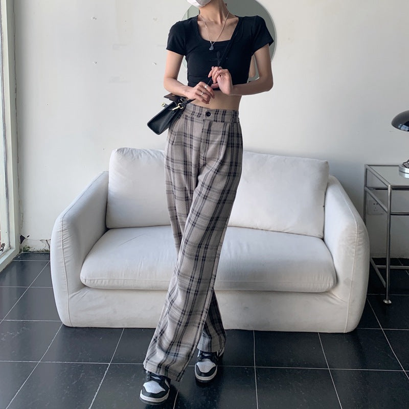 Plaid Pants Women Wide Legs High Waist Down Feeling Small