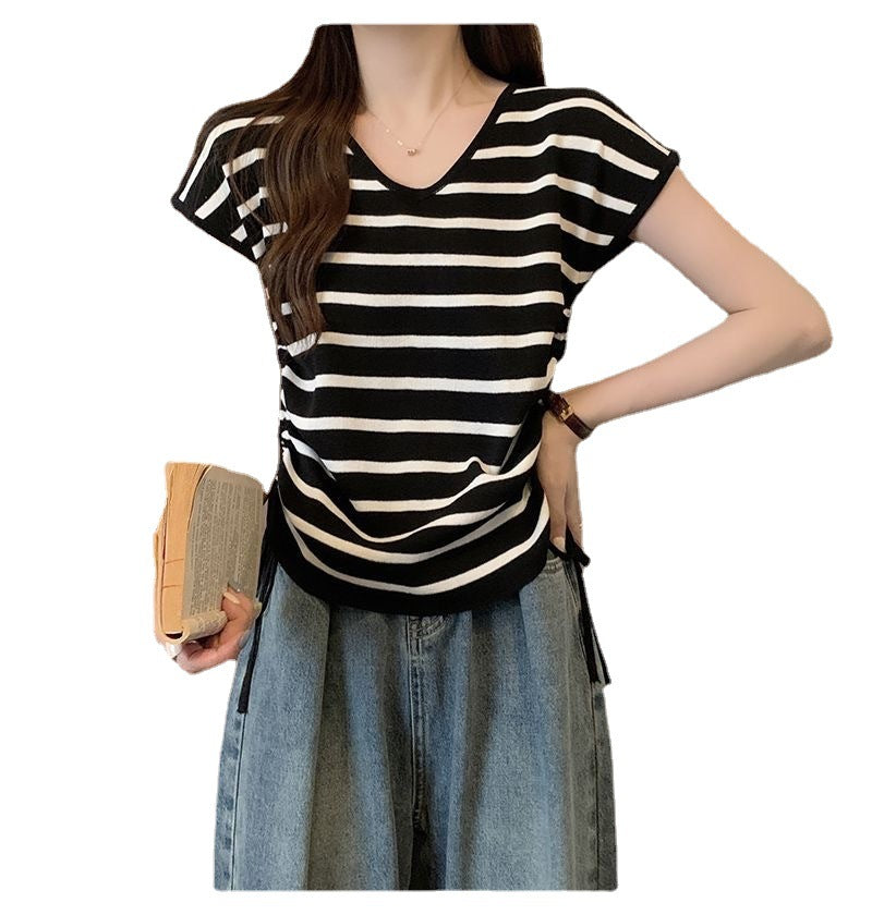 Summer Thin Striped Slim-fit All-matching Short Top For Women