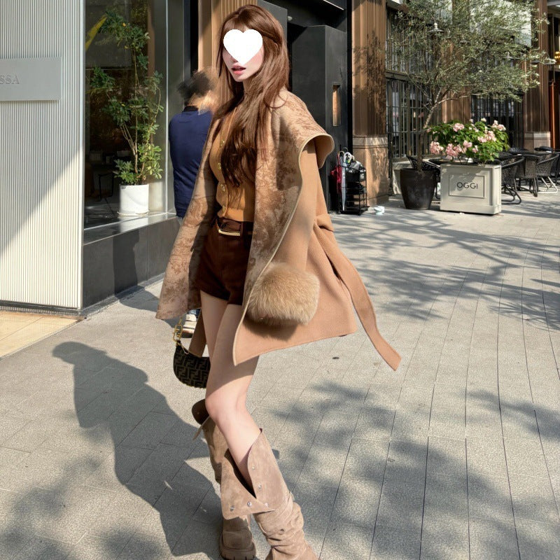 Simple Pocket Drawstring Patchwork Coat For Women