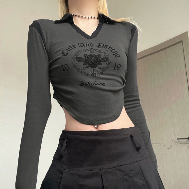Long Sleeved T-shirt Women's Patchwork Lapel Short Top