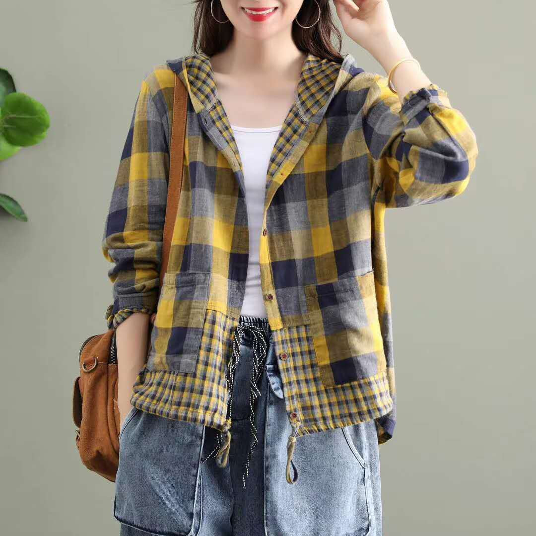 Literary Original Cotton Hooded Plaid Jacket