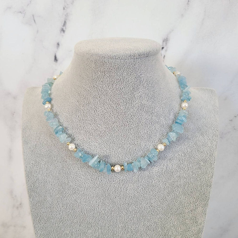 Aquamarine Freshwater Natural Stone Gravel Stitching Necklace