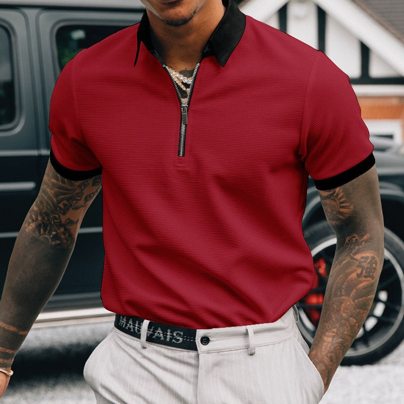 Solid Color POLO Zipper Men's T-shirt