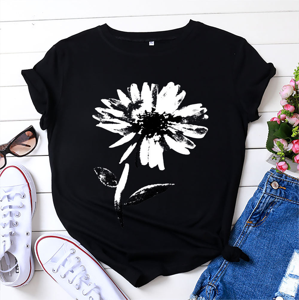 Women's Floral Printed Cotton Short-sleeved T-shirt Top