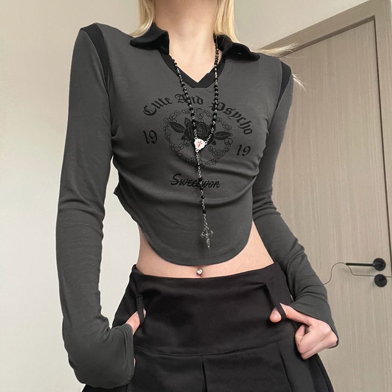 Long Sleeved T-shirt Women's Patchwork Lapel Short Top