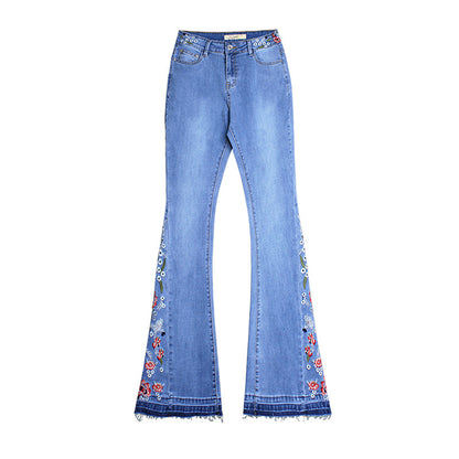 Denim Flared Pants Women Embroidered Embroidery