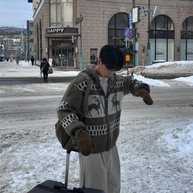 Jacquard Christmas Zipper Idle Style Cardigan Knitted Coat