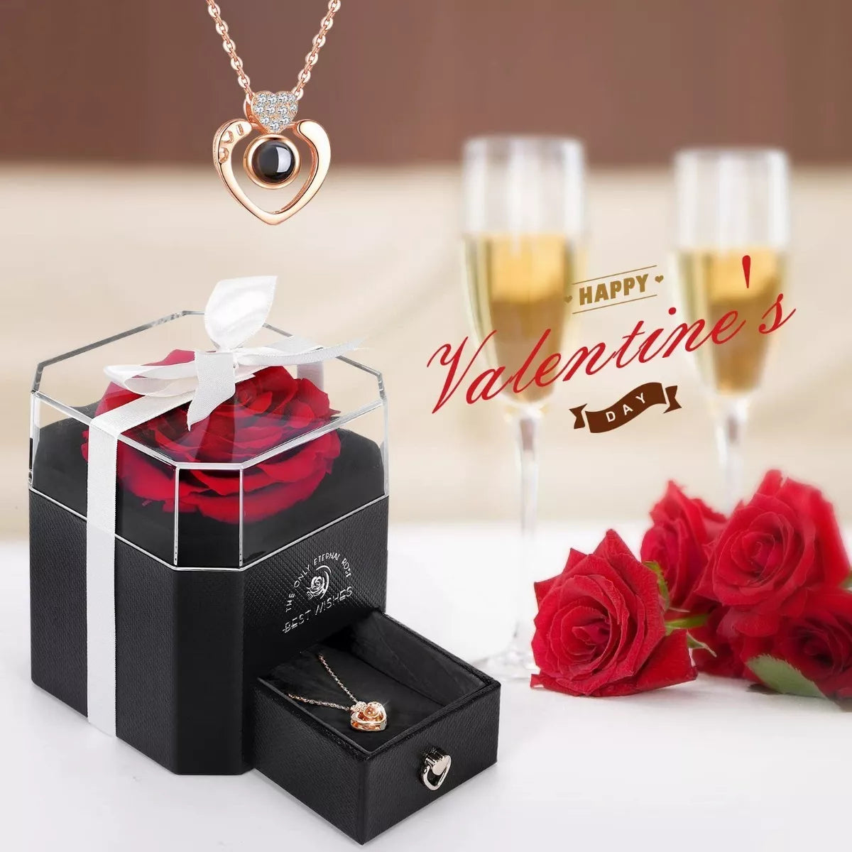 Flor Eterna De San Valentín Y Regalo De Collar De Corazón